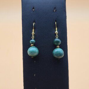 Gold Plated Over Copper Round Malachite Stone Vintage Earrings A5952